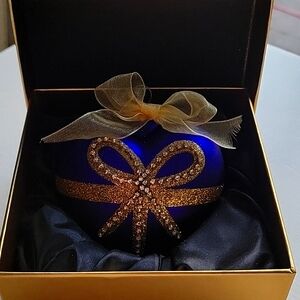 Elegant Blue Heart Ornament with Gold Ribbon